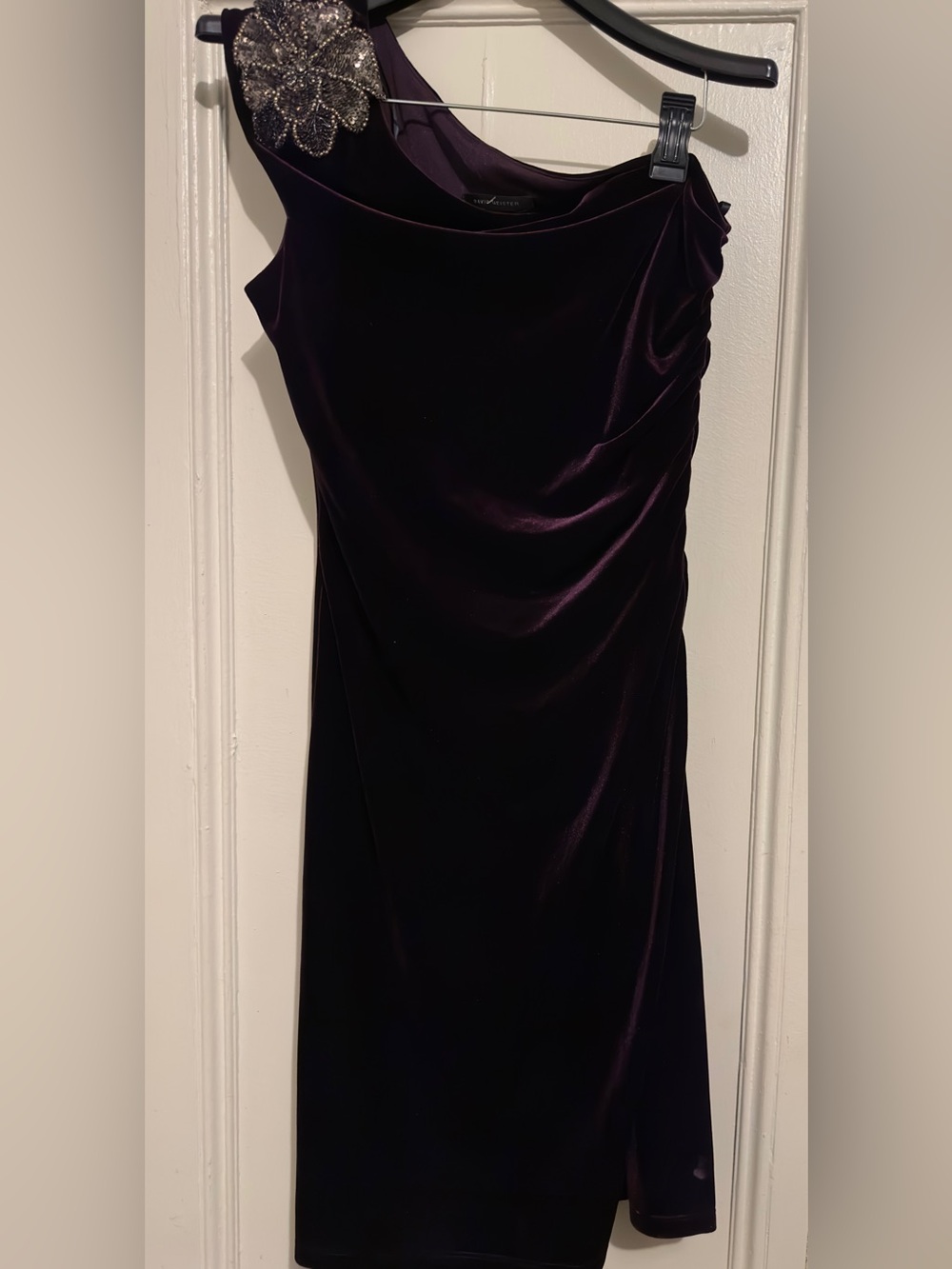 David Meister Dark Purple One-Shoulder Velvet Dress with Beaded Accent. Size 10.